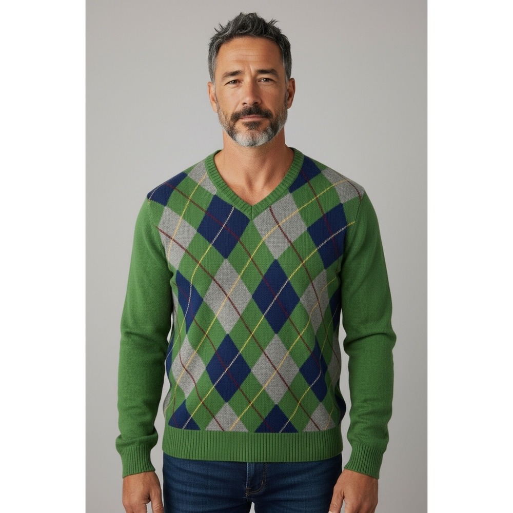 J. Crew Argyle V-Neck Sweater Green 100% Lambswool Men L Classic Preppy Academia